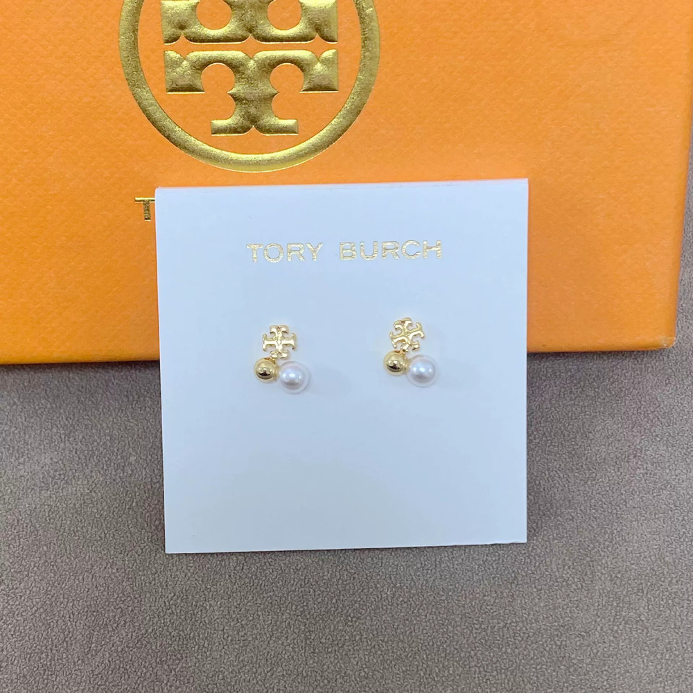 Tory Burch Letter Inlay Faux Pearl Stud Earrings